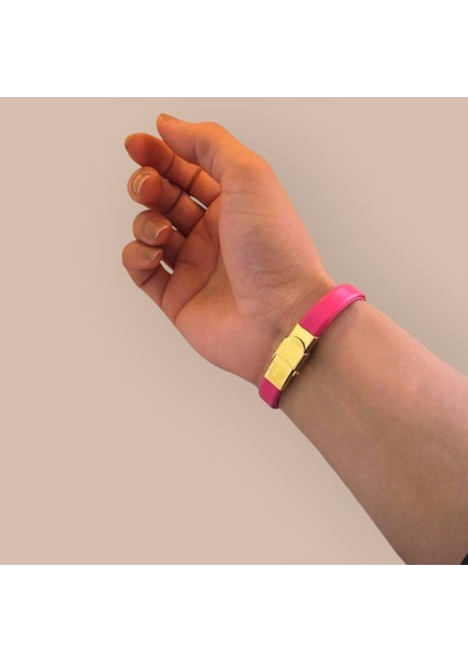 Kadınlara Özel Oval ve Kalp Motifli 14 Ayar Altın Plakalı Özgün Derili Burç Bilekliği-377BURÇ-PEMBE indirimleri