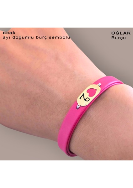 Oval ve Kalp Motifli 14 Ayar Altın Plakalı Özgün Derili Kadınlar İçin Doğum Ay Bilekliği-377AY-PEMBE