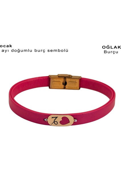 Oval ve Kalp Motifli 14 Ayar Altın Plakalı Özgün Derili Kadınlar İçin Doğum Ay Bilekliği-377AY-PEMBE fiyatları