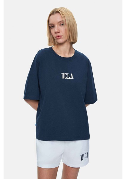Manuela Lacivert Bisiklet Yaka Tshirt Nakışlı Loose Fit Kadın Tshirt