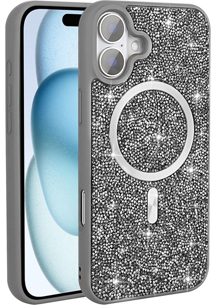 iPhone 16 Pro Kılıf Pırlanta Tasarımlı M-Safe Şarj Özellikli Mozaik Silikon Kılıf