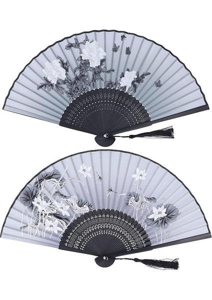 Yelpaze Bambu Serinletici Vintage Siyah Şık Püsküllü Japon Yelpaze 0334-0433 2 Adet