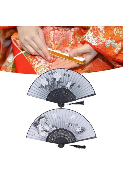 Yelpaze Bambu Serinletici Vintage Siyah Şık Püsküllü Japon Yelpaze 0334-0433 2 Adet