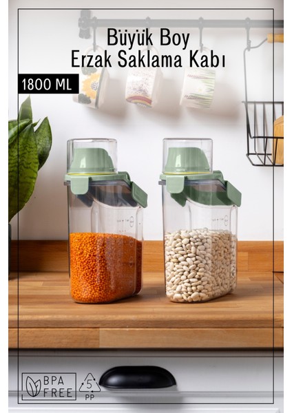 2 Adet Contalı Sızdırmaz Erzak Saklama Kabı / 1800 ml / Yeşil