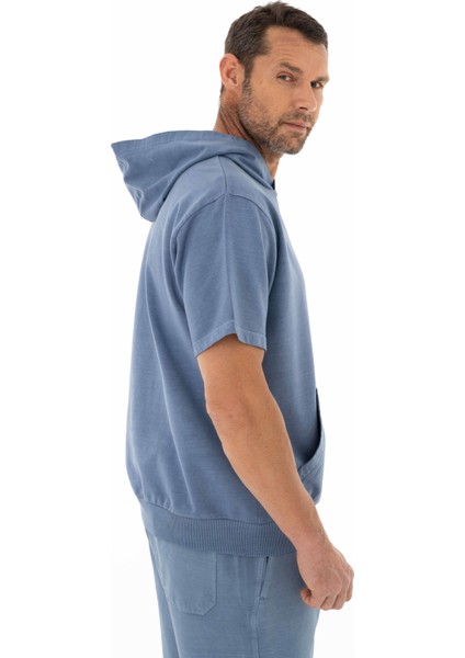 Erkek Oversize Kısa Kollu Kanguru Cepli Kapşonlu Sweatshirt Y25254376501