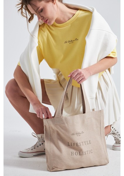 The Wellness Era Kadın Beyaz %100 Pamuk Tişört Yeşil Yazılı Bez Çanta Seti