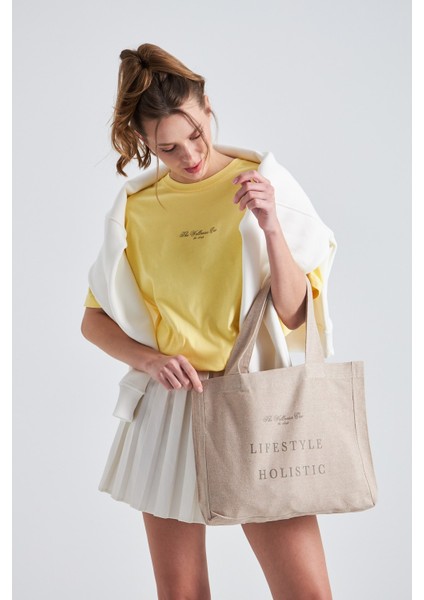 The Wellness Era Kadın Beyaz %100 Pamuk Tişört Yeşil Yazılı Bez Çanta Seti fiyatları