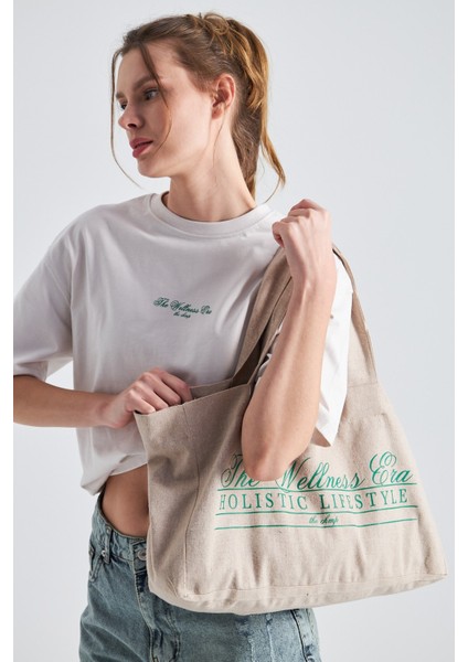 The Wellness Era Kadın Beyaz %100 Pamuk Tişört Yeşil Yazılı Bez Çanta Seti