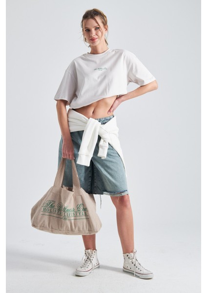 The Wellness Era Kadın Beyaz %100 Pamuk Tişört Yeşil Yazılı Bez Çanta Seti fiyatları