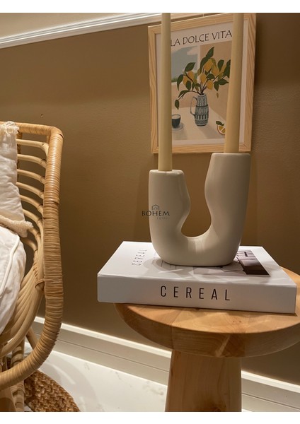 Seramik Bej Ikiz Şamdan Mumluk (Muadil Marka)