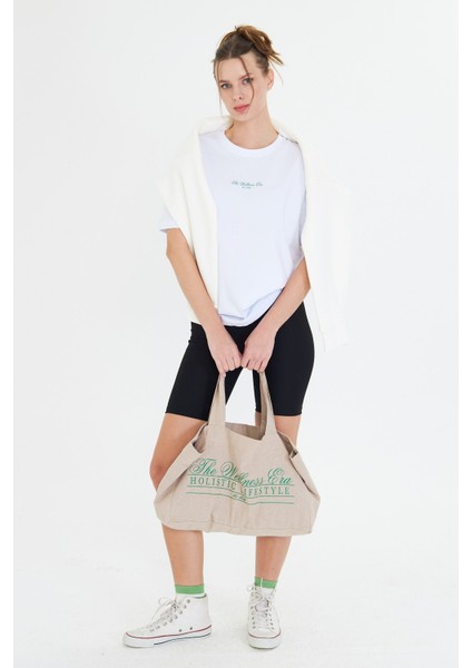 The Wellness Era Kadın Beyaz %100 Pamuk Tişört Yeşil Yazılı Bez Çanta Seti