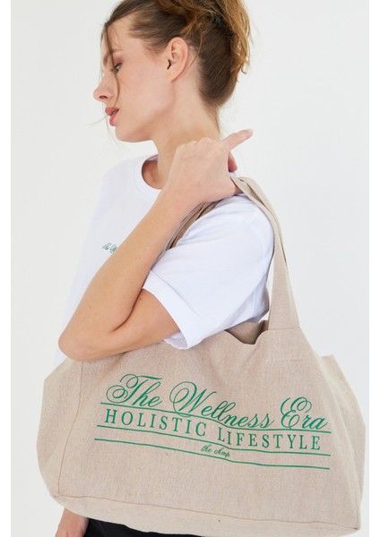 The Wellness Era Kadın Beyaz %100 Pamuk Tişört Yeşil Yazılı Bez Çanta Seti indirimleri