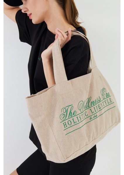 The Wellness Era Kadın Beyaz %100 Pamuk Tişört Yeşil Yazılı Bez Çanta Seti indirimleri