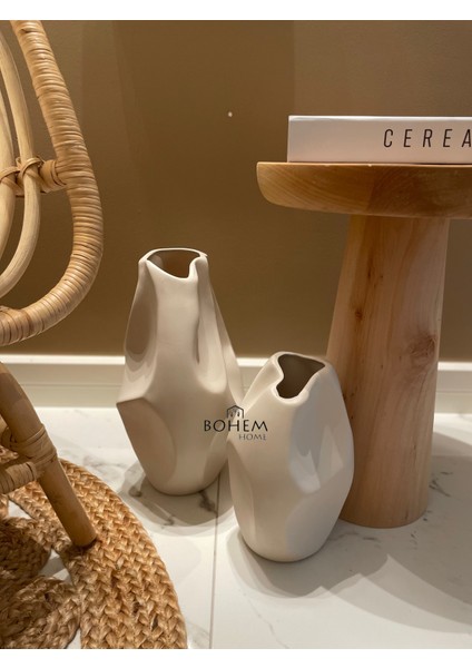 Seramik Bej 2 Li Kırışık Vazo Seti Stoneware (Muadil Marka)