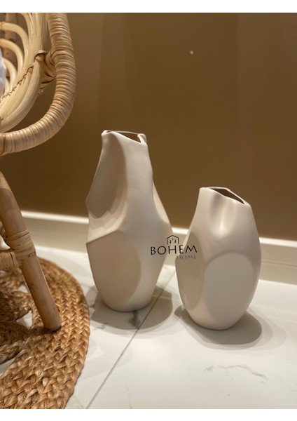 Seramik Bej 2 Li Kırışık Vazo Seti Stoneware (Muadil Marka)