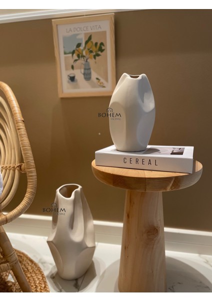 Seramik Bej 2 Li Kırışık Vazo Seti Stoneware (Muadil Marka)