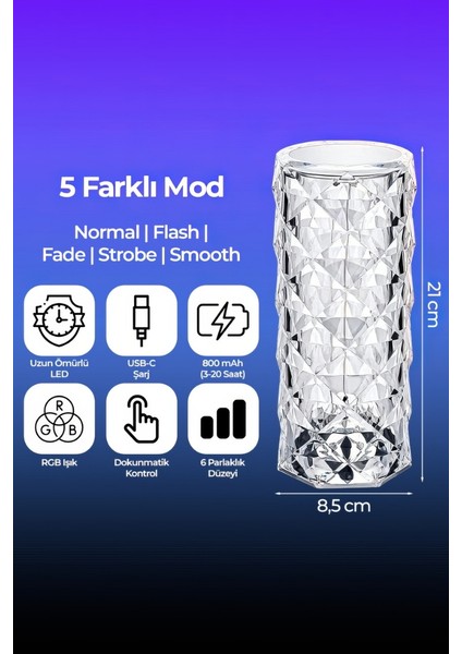 Dokunmatik Kristal LED Rgb Masa Lambası, USB Şarjlı, Uzaktan Kumandalı Dekorasyon Lambası