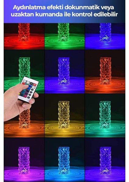 Dokunmatik Kristal LED Rgb Masa Lambası, USB Şarjlı, Uzaktan Kumandalı Dekorasyon Lambası