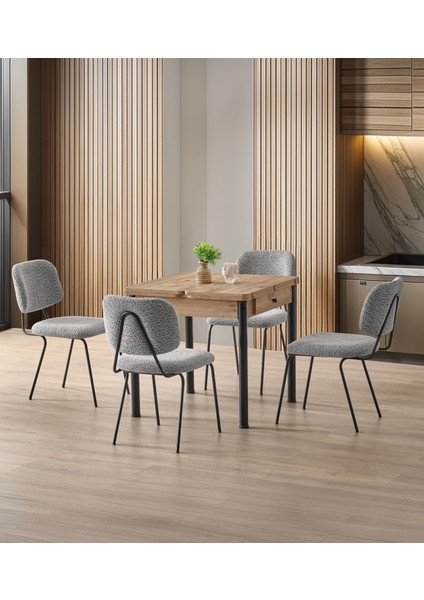 NEV20-2 Serisi Fonksiyonel Modern Açılır Katlanır Masa Takımı & 4 Adet Sandalye Atlantik Ceviz Desen, Siyah Metal Ayaklı