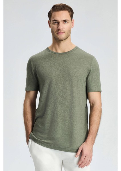 Saf Keten Haki Bisiklet Yaka T-Shirt