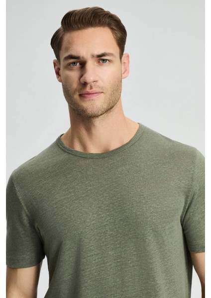 Saf Keten Haki Bisiklet Yaka T-Shirt