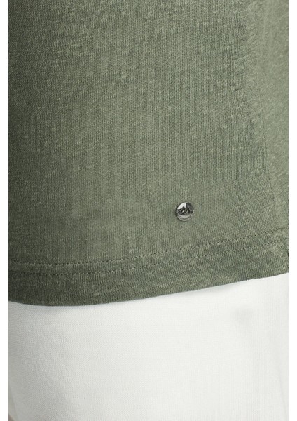 Saf Keten Haki Bisiklet Yaka T-Shirt