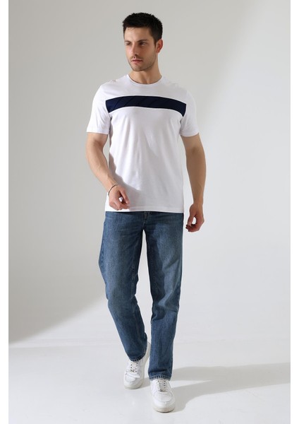 Erkek Iki Renk Parçalı Bisiklet Yaka T-Shirt - Pamuklu Tişört