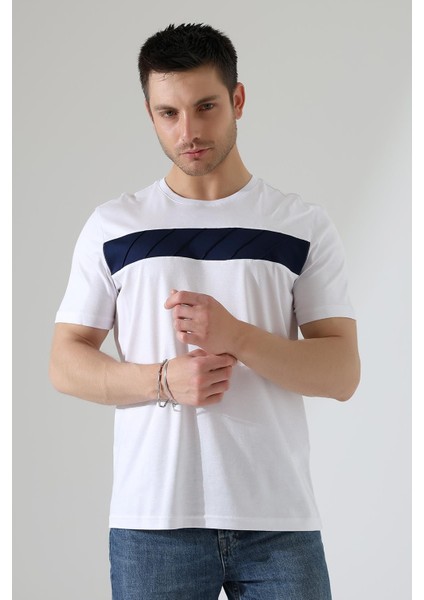 Erkek Iki Renk Parçalı Bisiklet Yaka T-Shirt - Pamuklu Tişört fırsatları