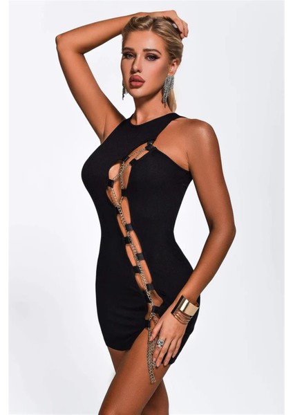 Bayan Zincirli Siyah Mini Elbise fiyatları