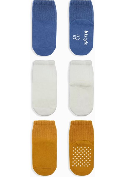 Basic Kaymaz Penye Soket Çorap 3'lü BS10107 Indigo Ekru Hardal