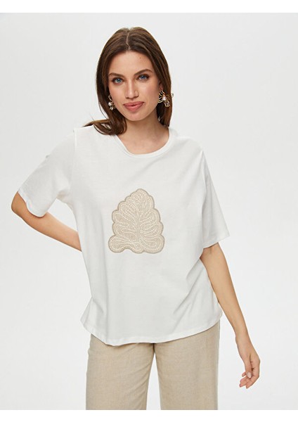 Önü Yaprak File Nakışlı Yuvarlak Yaka Pamuklu T-Shirt S25TSH080 fiyatları