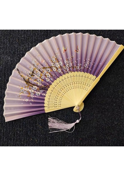Yelpaze Bambu Vintage Lila Kelebekli Bahar Dalı Desenli Şık Püsküllü Japon Yelpaze 0167