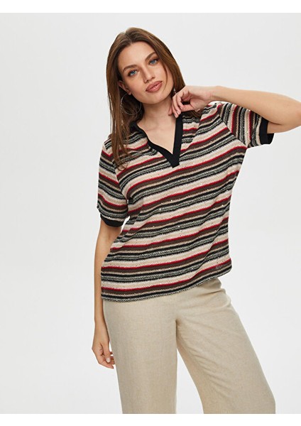 Polo Yaka Payetli Çizgili Örme Bluz S25BLZ012