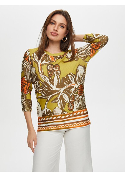 Eteği Sulu Çiçek Desen Yuvarlak Yaka 3/4 Kol T-Shirt S25TSH097