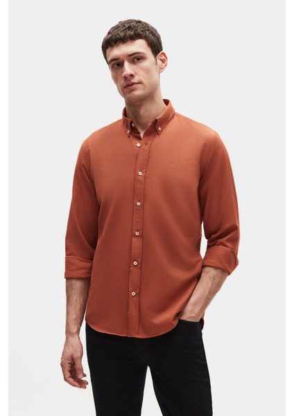 Ds Damat Slim Fit Tarçın Oxford Düğmeli Yaka Kolay Ütülenebilir Nakış Detaylı Pamuklu Gömlek
