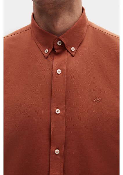 Ds Damat Slim Fit Tarçın Oxford Düğmeli Yaka Kolay Ütülenebilir Nakış Detaylı Pamuklu Gömlek fiyatları