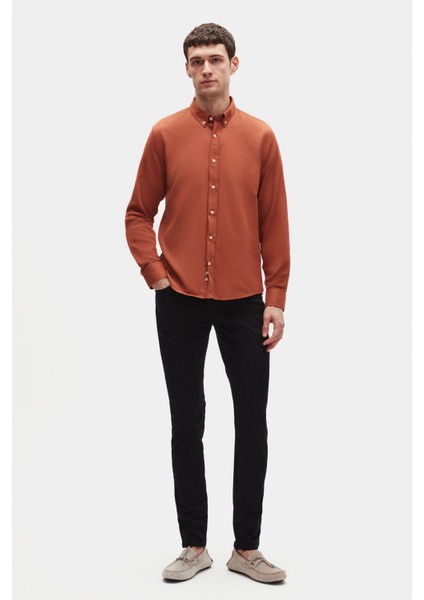 Ds Damat Slim Fit Tarçın Oxford Düğmeli Yaka Kolay Ütülenebilir Nakış Detaylı Pamuklu Gömlek modelleri