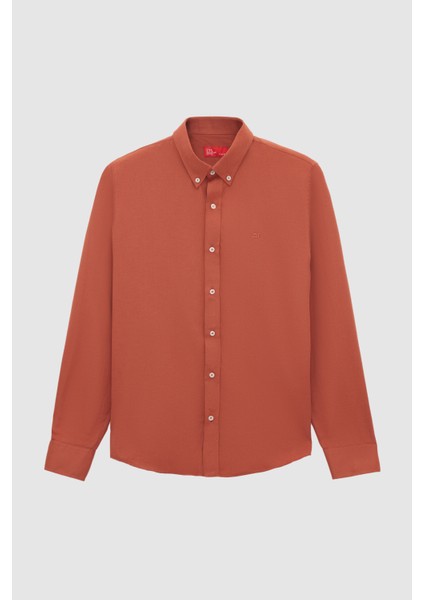 Ds Damat Slim Fit Tarçın Oxford Düğmeli Yaka Kolay Ütülenebilir Nakış Detaylı Pamuklu Gömlek fırsatları
