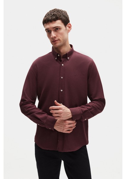 Ds Damat Slim Fit Mürdüm Oxford Düğmeli Yaka Kolay Ütülenebilir Nakış Detaylı Pamuklu Gömlek