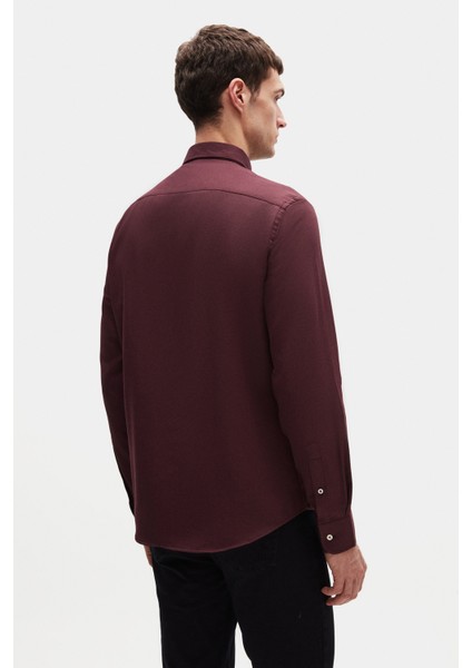 Ds Damat Slim Fit Mürdüm Oxford Düğmeli Yaka Kolay Ütülenebilir Nakış Detaylı Pamuklu Gömlek