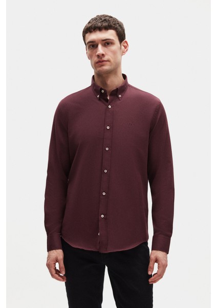 Ds Damat Slim Fit Mürdüm Oxford Düğmeli Yaka Kolay Ütülenebilir Nakış Detaylı Pamuklu Gömlek