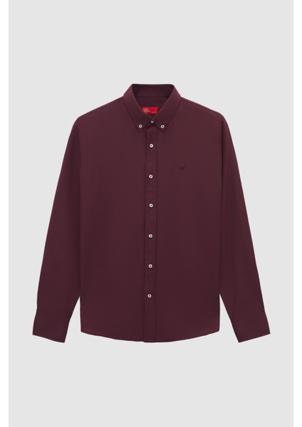 Ds Damat Slim Fit Mürdüm Oxford Düğmeli Yaka Kolay Ütülenebilir Nakış Detaylı Pamuklu Gömlek