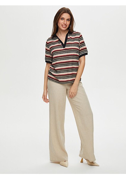 Polo Yaka Payetli Çizgili Örme Bluz S25BLZ012