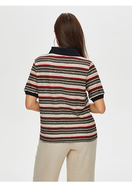 Polo Yaka Payetli Çizgili Örme Bluz S25BLZ012 modelleri