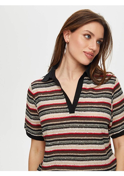 Polo Yaka Payetli Çizgili Örme Bluz S25BLZ012 fırsatları