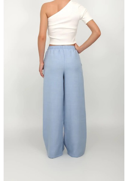 Kadın Mavi Renk Beli Lastikli Geniş Paça Keten Pantolon fiyatları