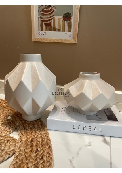 Seramik Bej 2 Li Elmas Stoneware Vazo Seti (Muadil Marka)