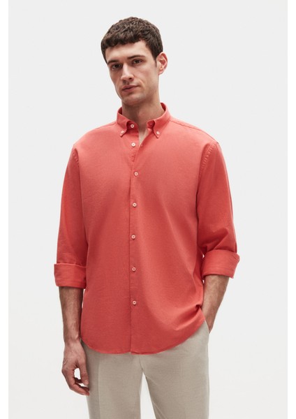 Ds Damat Comfort Nar Çiçeği Düğmeli Yaka Rahat Kesim Keten Görünümlü %100 Pamuk Gömlek 2HC02ORT64265