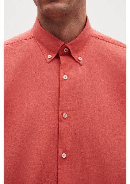 Ds Damat Comfort Nar Çiçeği Düğmeli Yaka Rahat Kesim Keten Görünümlü %100 Pamuk Gömlek 2HC02ORT64265 fiyatları