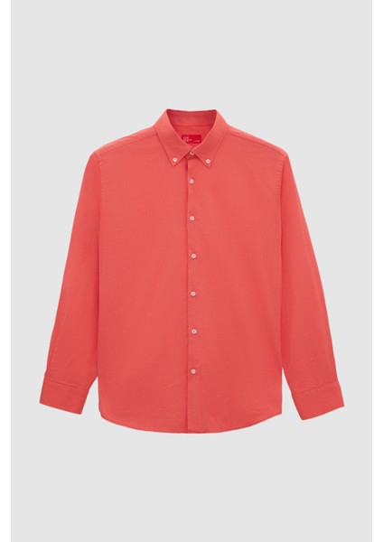 Ds Damat Comfort Nar Çiçeği Düğmeli Yaka Rahat Kesim Keten Görünümlü %100 Pamuk Gömlek 2HC02ORT64265 indirimleri